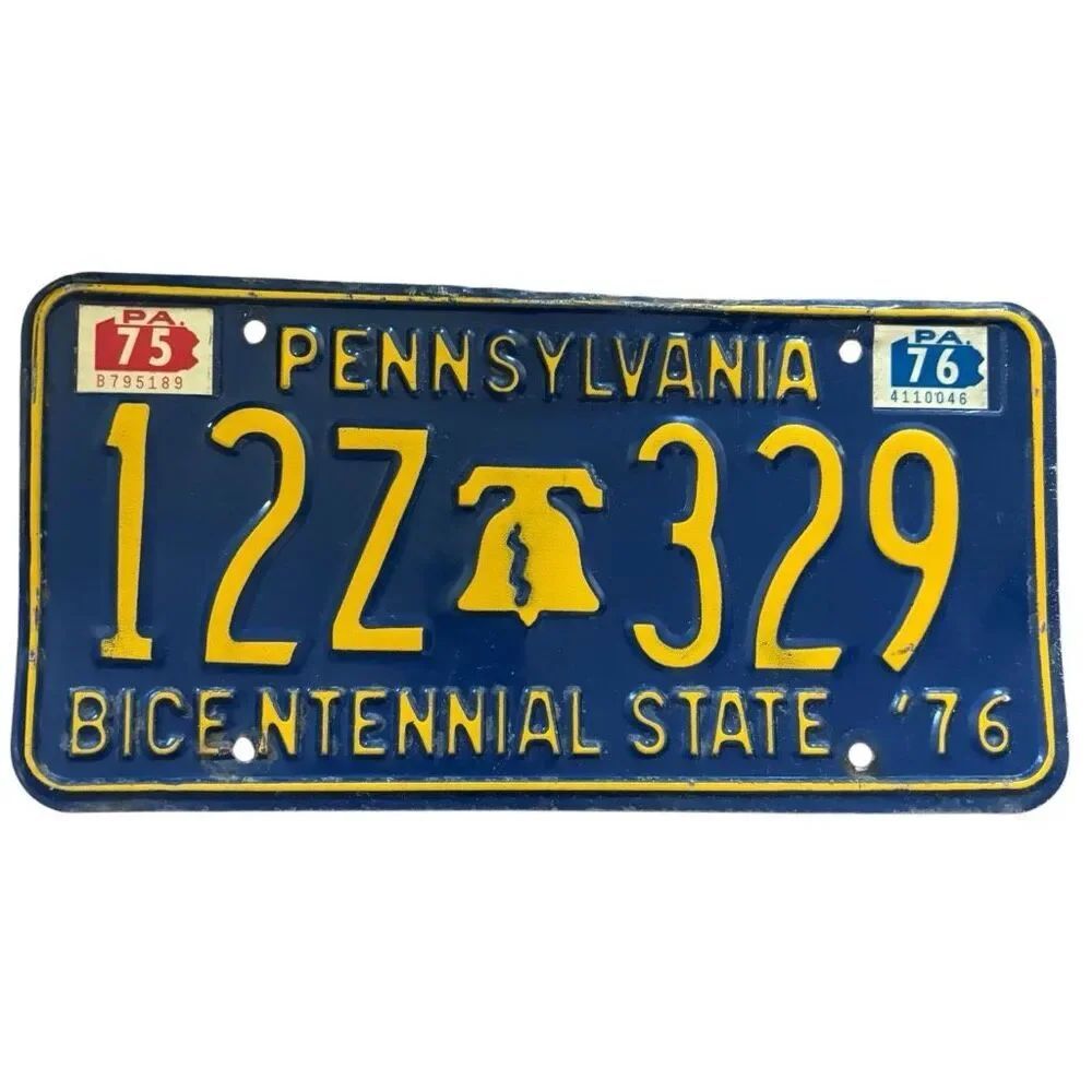1976 Pennsylvania Bicentennial License Plate PA Tag 12Z-329 w/ 75 & 76 Stickers